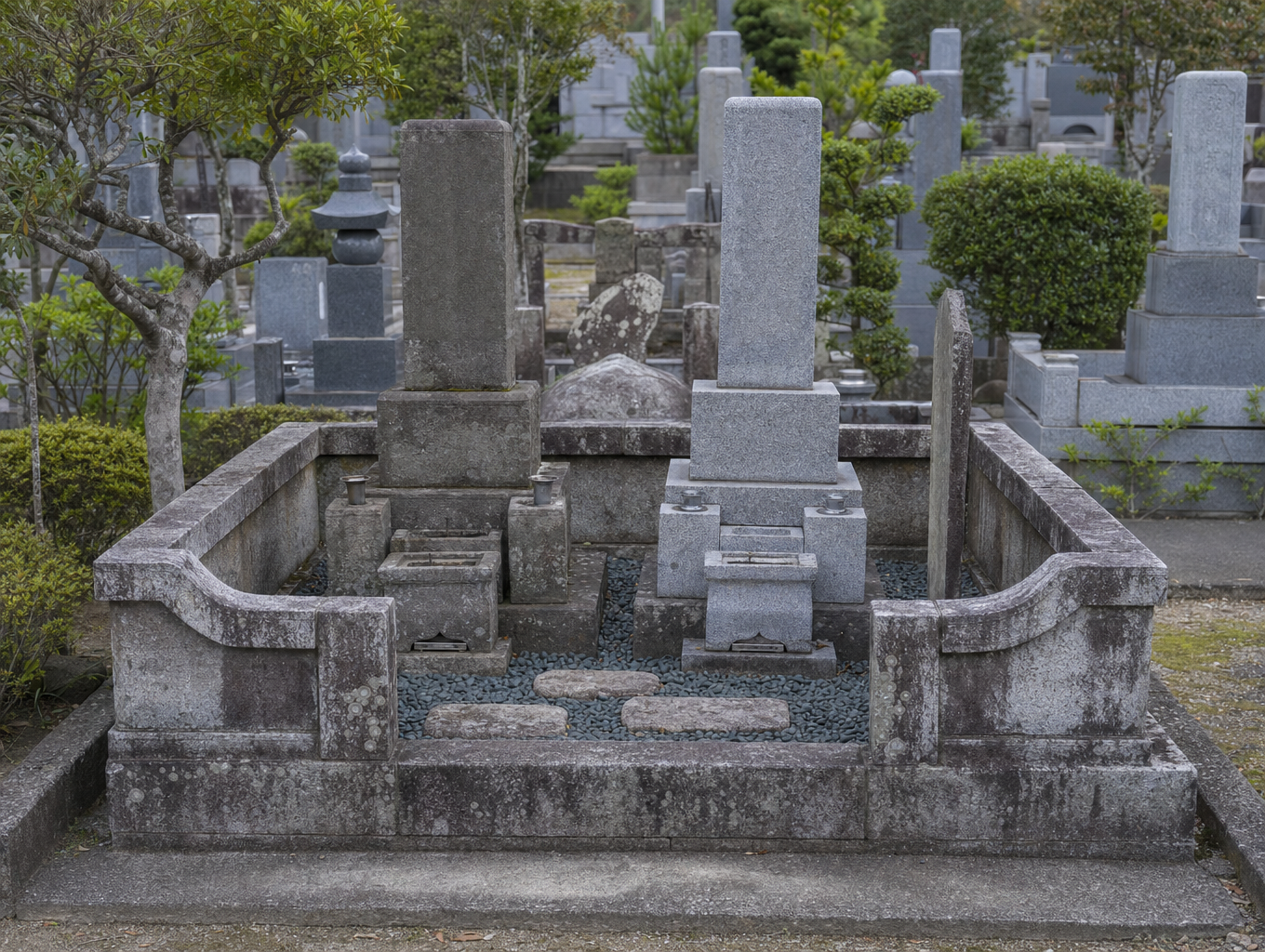 墓じまい施工前、石塔2基のある寺院墓地のお墓(イメージ)